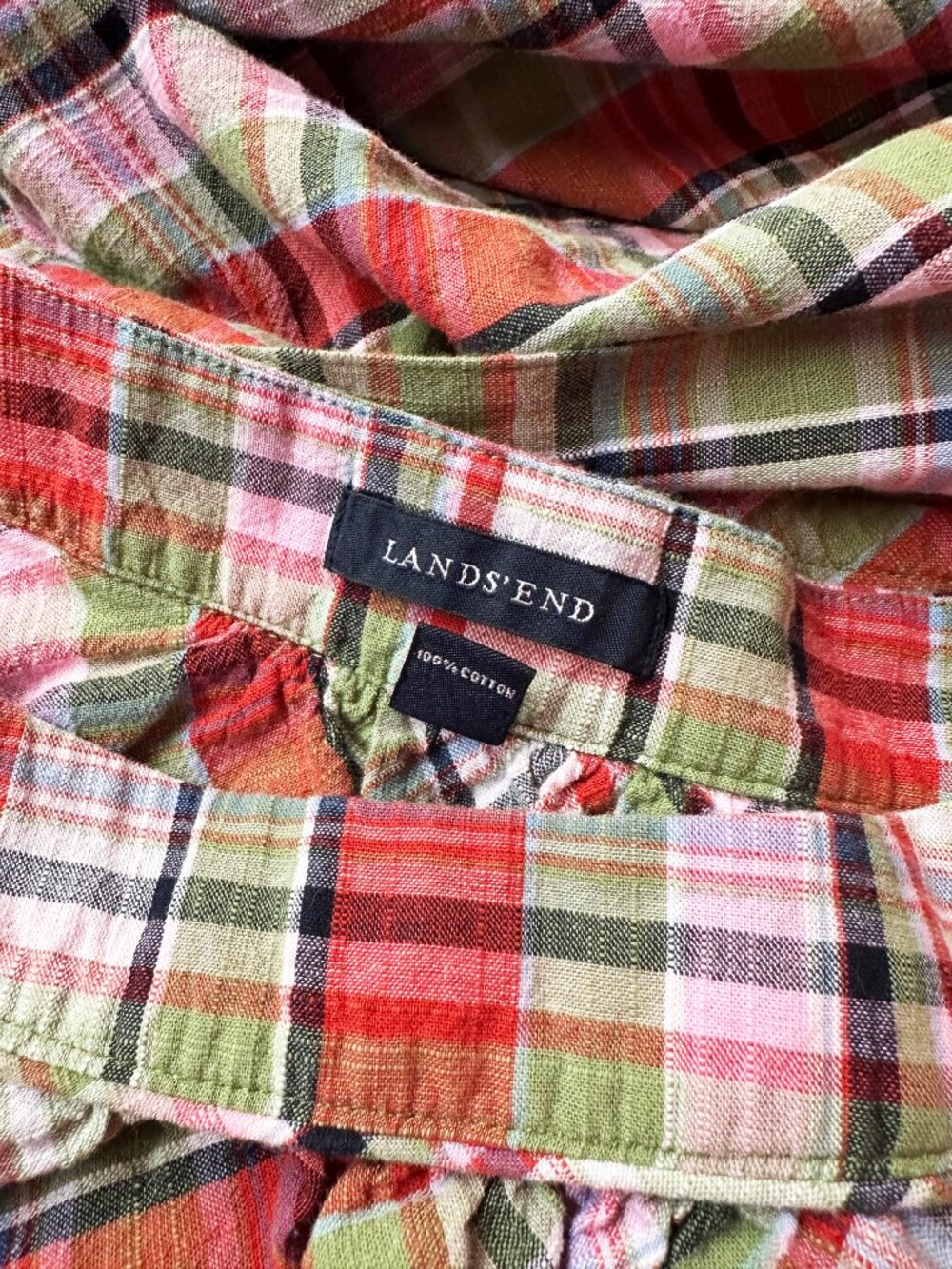LANDS' END sleeveless vintage style plaid dress tie waist, patch pockets, cotton - Picture 5 of 6